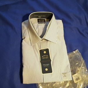 Mens Dress Shirt Eagle 18" Neck 37" Sleeve White with tiny blue bar stripes